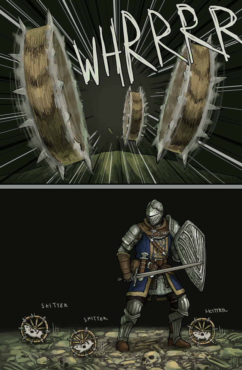 2koma, armor, chains, chosen_undead, comic, dagger, dark_souls, emlan, from_software, full_armor, gauntlets, greaves, hamster, helm, helmet, highres, knight, shield, skeleton, skull, souls_(from_software), spike, sword, visor_(armor), weapon, wheel
