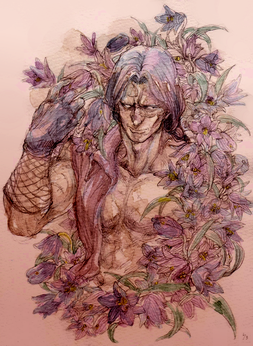 1boy, 74-gou_(73-gou), devo, fishnets, flower, gloves, graphite_(medium), hand_up