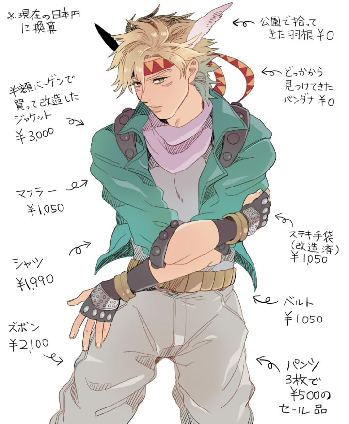 1boy, blonde_hair, caesar_anthonio_zeppeli, character_sheet, facial_mark, feathers, fingerless_gloves, gloves