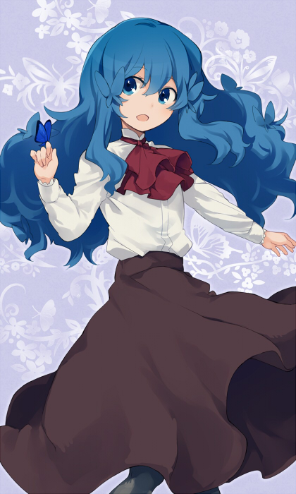 1girl, blue_eyes, blue_hair, blush, butterfly, hair_ornament, hat, ika