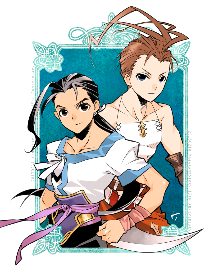 2boys, ahoge, anniversary, antenna_hair, ashley_riot, bad_id, bare_shoulders, black_hair