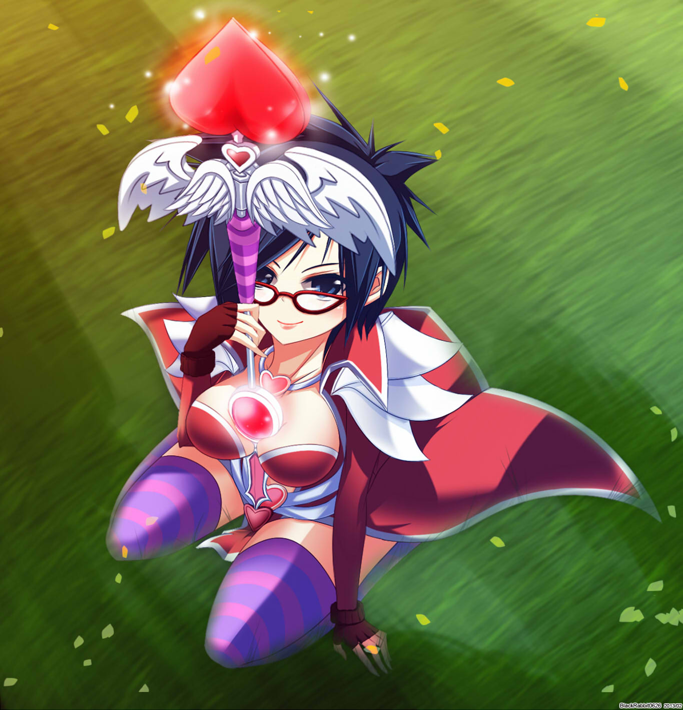 1girl, alternate_costume, arm_support, between_breasts, black_hair, blue_eyes, breasts, cape, fingerless_gloves, from_above, glasses, gloves, grass, heart, heartseeker_vayne, highres, kneeling, large_breasts, league_of_legends, popped_collar, rokugatsu_no_usagi, shauna_vayne, short_hair, solo, striped, striped_legwear, thigh-highs, valentine