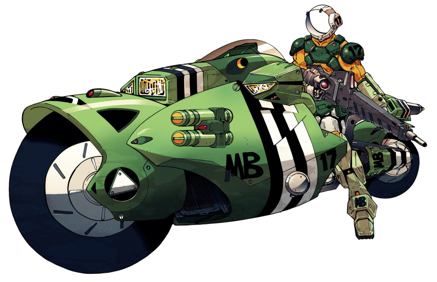 80s, androgynous, armor, cannon, energy_weapon, ground_vehicle, gun, helmet