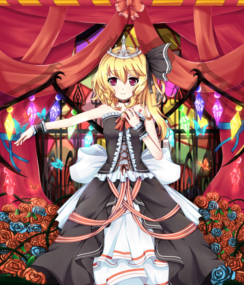 1girl, alternate_costume, ascot, bare_shoulders, blonde_hair, butterfly, dress, female, flandre_scarlet, flower, hat, highres, long_hair, mero, mero_(3445036), mero_(ly21207), red_eyes, rose, side_ponytail, smile, solo, tiara, touhou, wings