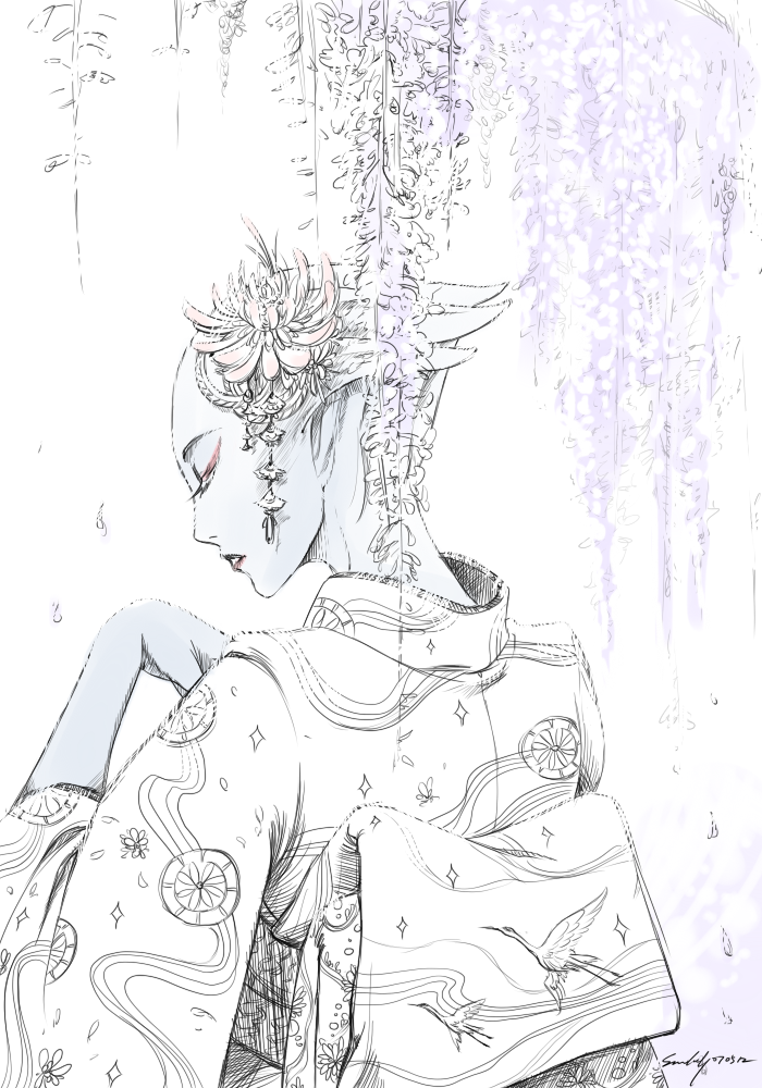 1girl, alien, asari, blue_skin, closed_eyes, eyelashes, flower, hair_flower, hair_ornament, japanese_clothes, kimono, liara_t'soni, mass_effect, monochrome, obi, parted_lips, sash, signature, snowlily