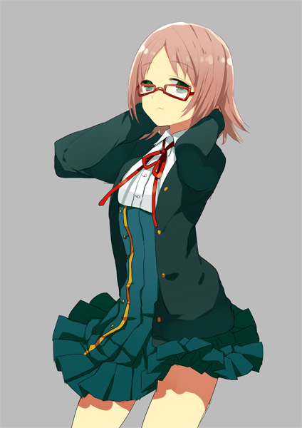 1girl, ariake_mieru, flat_chest, glasses, koi_to_senkyo_to_chocolate, mami_(apsaras), red-framed_glasses, ribbon, short_hair, simple_background, skirt, solo