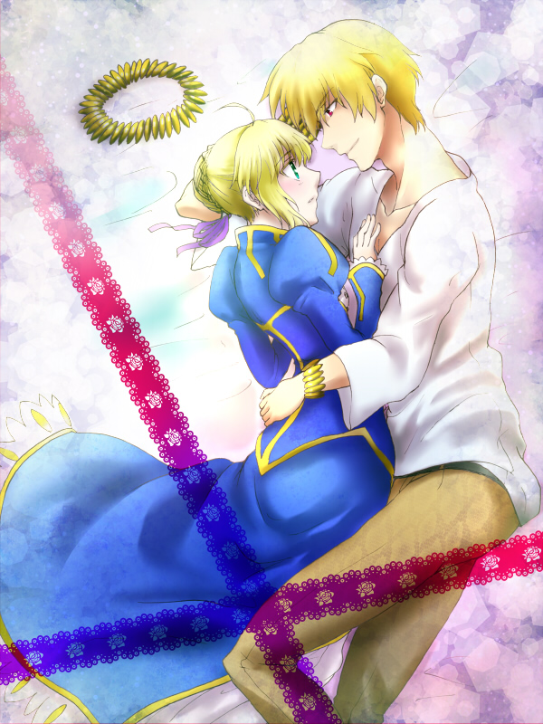 1boy, 1girl, ahoge, bad_id, bed, blonde_hair, blue_eyes, bracelet, couple, dress, enisi_sakura, fate/zero, fate_(series), gilgamesh, hetero, jewelry, necklace, red_eyes, saber