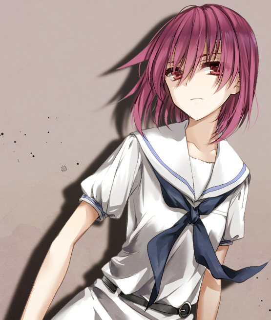 1girl, belt, dutch_angle, kenao, looking_at_viewer, miyanaga_teru, neckerchief, red_eyes