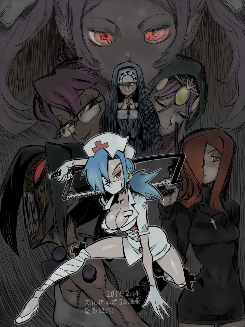 10s, 2013, 6+girls, aeon_(skullgirls), arm_support, bandage, black_hair, blue_hair, breasts, cleavage, cross, dark, dated, double_(skullgirls), dress, expressionless, eyepatch, flats, folded_ponytail, glasses, gun, habit, hair_over_one_eye, handgun, hands_clasped, hat, kusada, large_breasts, mask, multiple_girls, nun, nurse, nurse_cap, one_knee, painwheel_(skullgirls), parasoul_(skullgirls), pistol, ponytail, pose, purple_hair, red_eyes, redhead, saw, screaming, short_dress, skullgirls, surgical_mask, translation_request, twintails, valentine_(skullgirls), venus_(skullgirls), vice-versa_(skullgirls), weapon