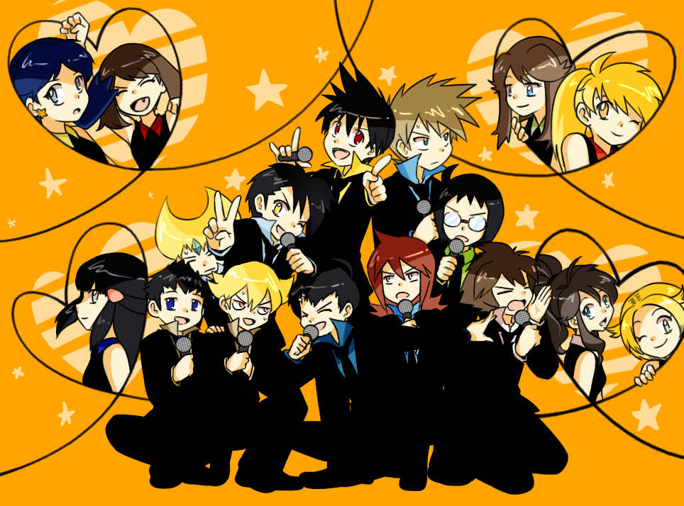 10s, 5girls, 6+boys, alternate_costume, bad_id, bel_(pokemon), black_hair, blonde_hair