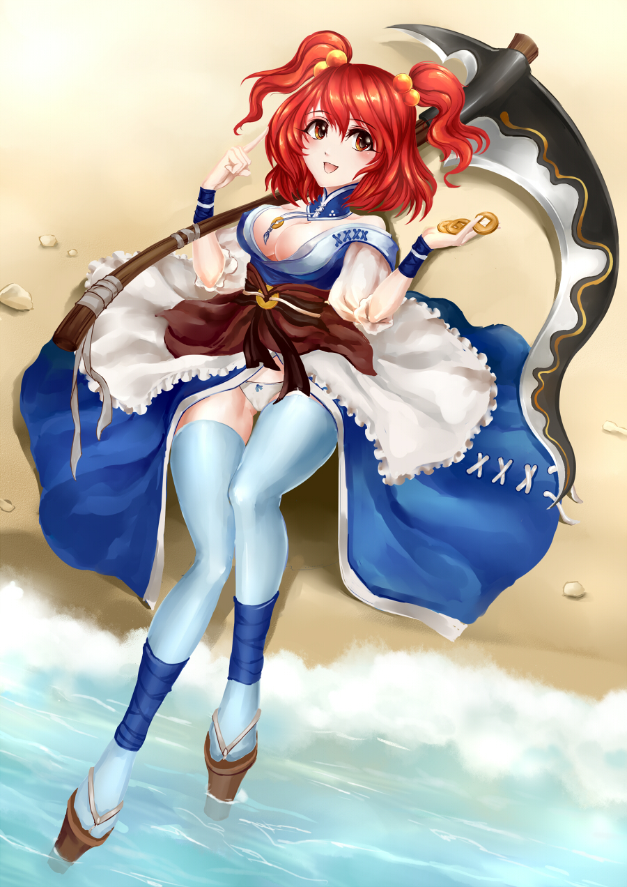 1girl, alternate_weapon, blue_legwear, blush, breasts, choker, cleavage, coin, female, geta, guolu, hair_bobbles, hair_ornament, highres, lying, obi, onozuka_komachi, open_mouth, panties, pantyshot, red_eyes, redhead, sand, sash, scythe, short_hair, short_sleeves, skirt, smile, solo, thigh-highs, touhou, underwear, upskirt, water, weapon, white_panties