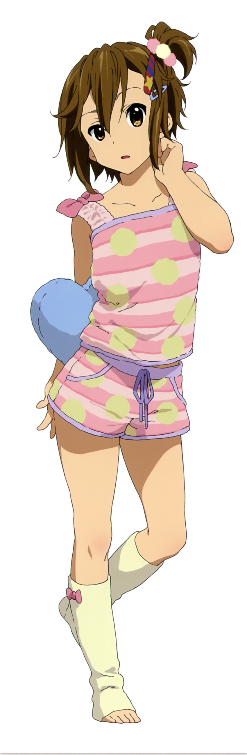 1girl, absurdres, alternate_hairstyle, barefoot, bow, brown_eyes, brown_hair, feet