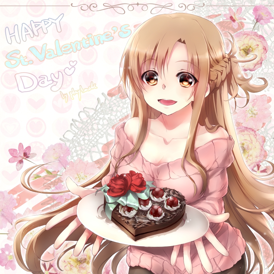 1girl, artist_name, asuna_(sao), bare_shoulders, braid, brown_eyes, brown_hair, cake