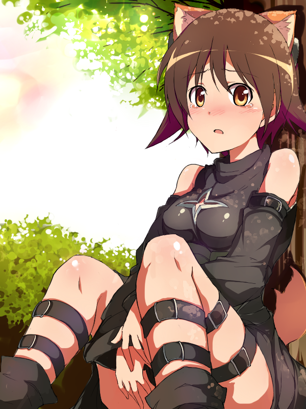 1girl, animal_ears, boots, brown_eyes, brown_hair, cosplay, detached_sleeves, dog_ears