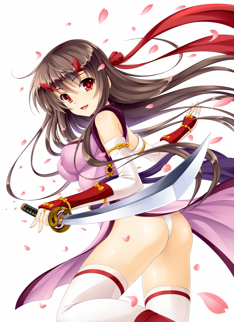 1girl, amane_(funfun), ass, breasts, brown_hair, elbow_gloves, fingerless_gloves, gloves
