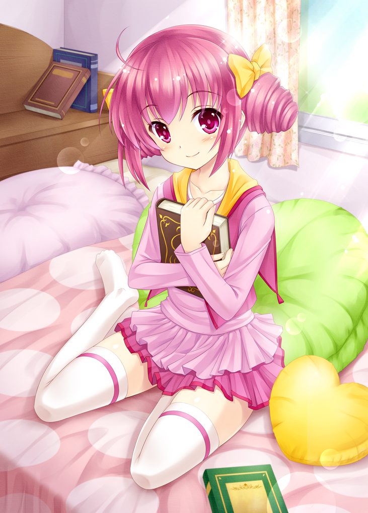 1girl, ahoge, amane_(funfun), bed, blush, book, bow, curtains, female, hair_bow, heart, heart_pillow, hoshizora_miyuki, light_rays, looking_at_viewer, pillow, pink_eyes, pink_hair, precure, short_hair, sitting, skirt, smile, smile_precure!, solo, sunbeam, sunlight, thigh-highs, wariza, white_legwear, window