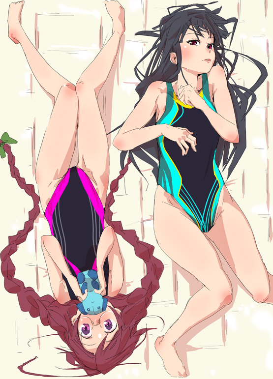 2girls, amatsuka_kosame, amatsuka_urara, baby_princess, black_hair, braid, brown_hair, competition_swimsuit
