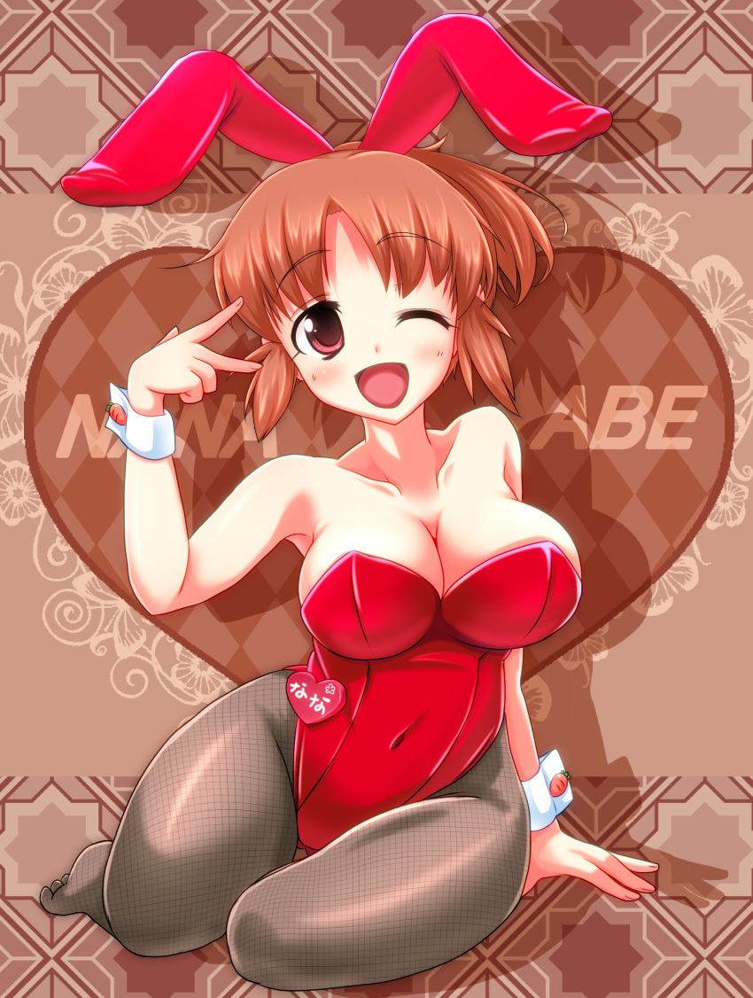 1girl, ;d, abe_nana, absurdres, animal_ears, breasts, brown_eyes, brown_hair