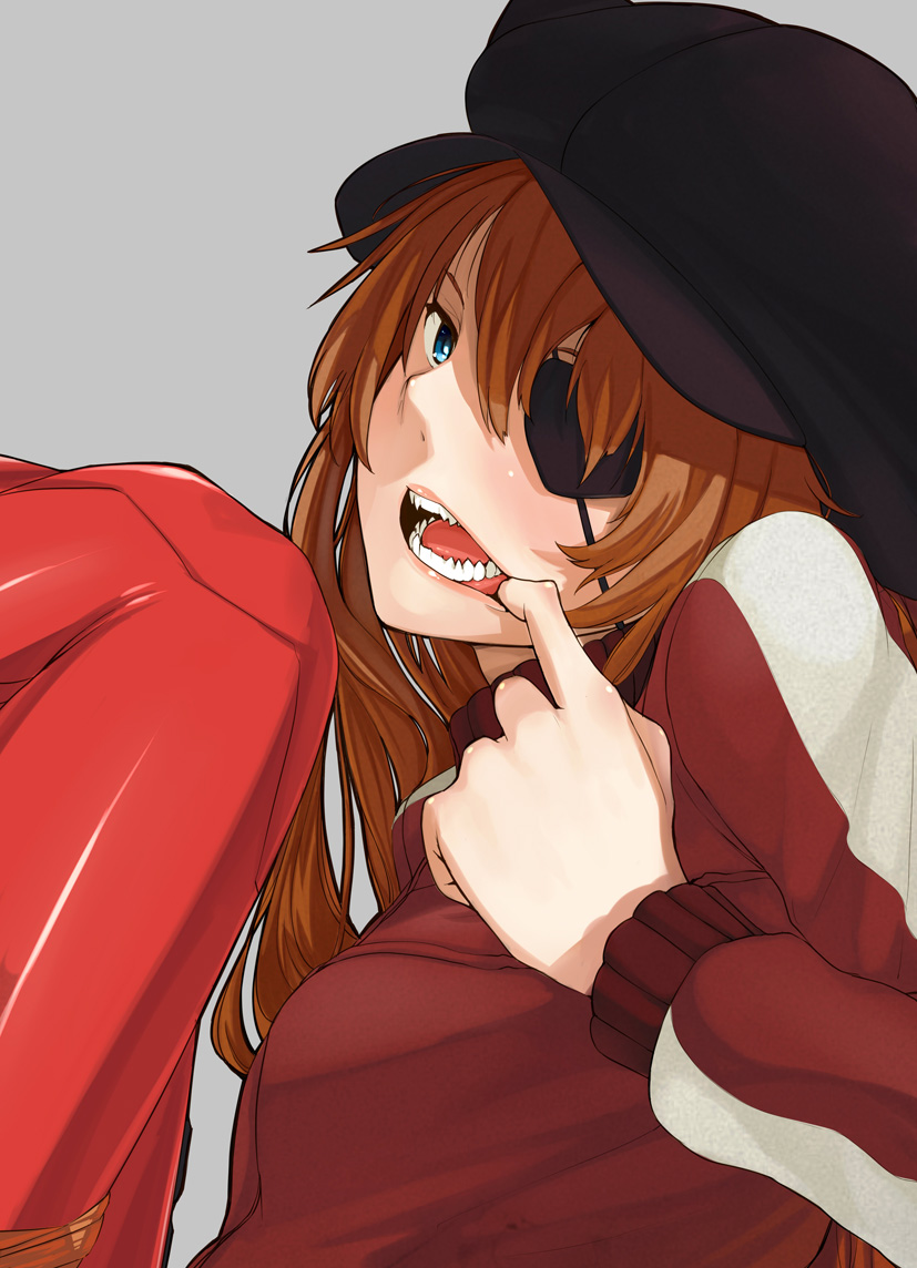 1girl, animal_hat, blue_eyes, brown_hair, cat_hat, evangelion:_3.0_you_can_(not)_redo, eyepatch, fangs