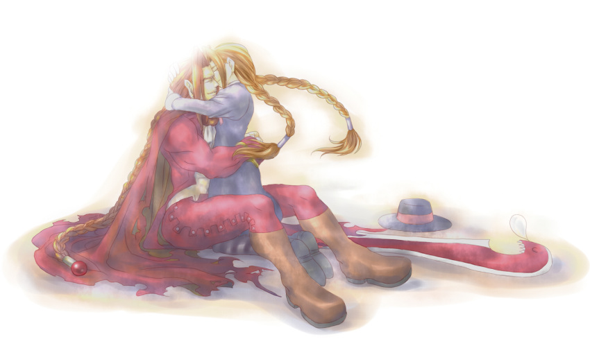 1boy, 1girl, anita_(vampire), blue_dress, boots, braid, brown_hair, capcom, dee_(vampire), dress, full_body, hair_tubes, hat, hat_removed, headwear_removed, hug, kneeling, long_hair, single_braid, sitting, sword, tears, teenage, twin_braids, vampire_(game), very_long_hair, wao_n, weapon