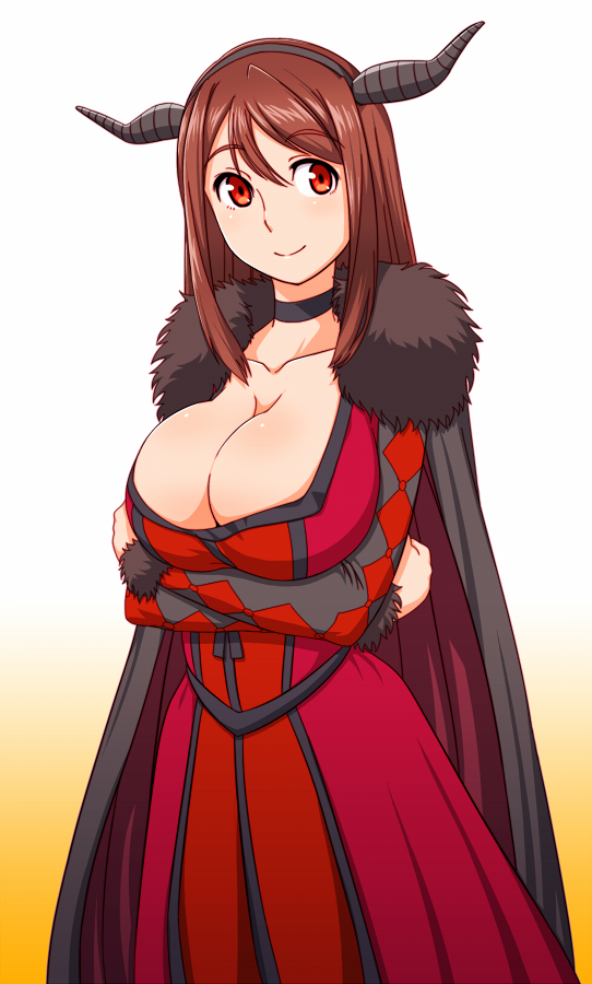 1girl, breasts, brown_hair, cape, choker, cleavage, crossed_arms, dress