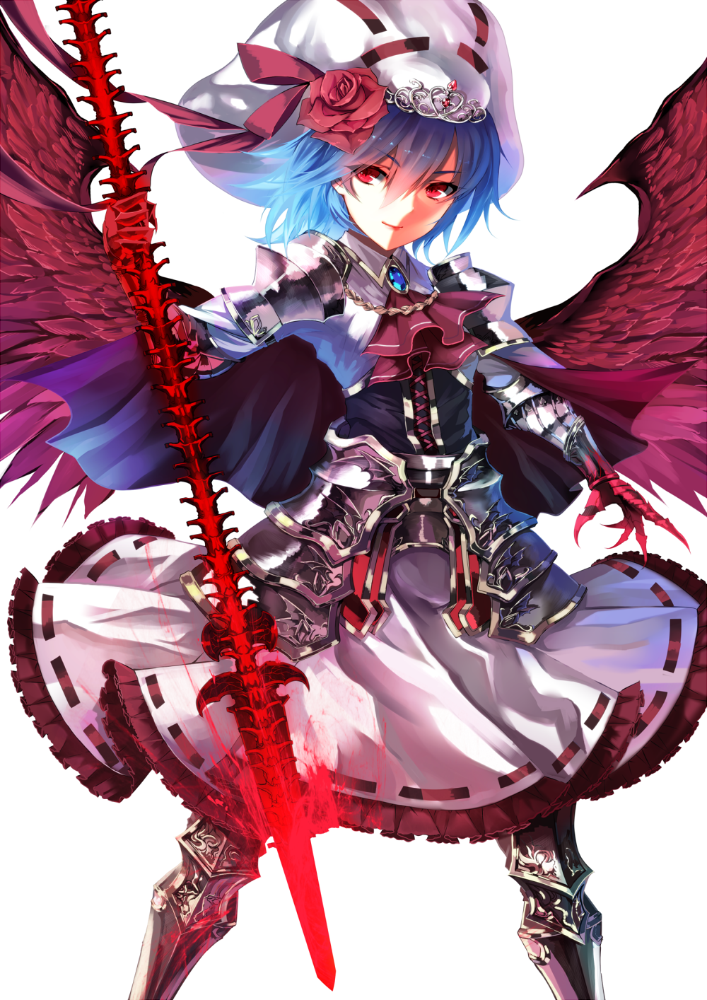 1girl, adapted_costume, armor, armored_dress, ascot, bat_wings, blue_hair, blush