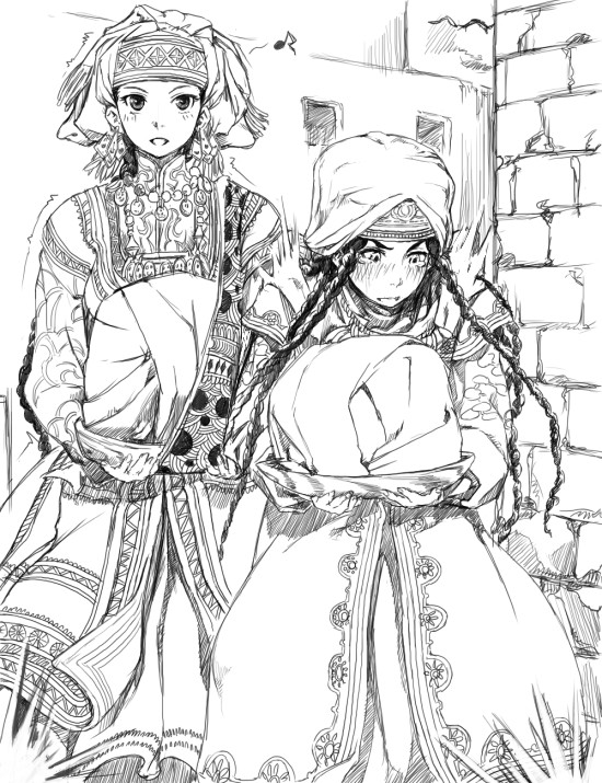 2girls, amira, blush, braid, carrying, colmack, earrings, head_scarf