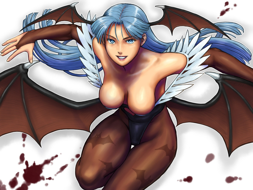 1girl, alternate_color, alternate_hair_color, bare_shoulders, bat_print, bat_wings, blood, blood_splatter
