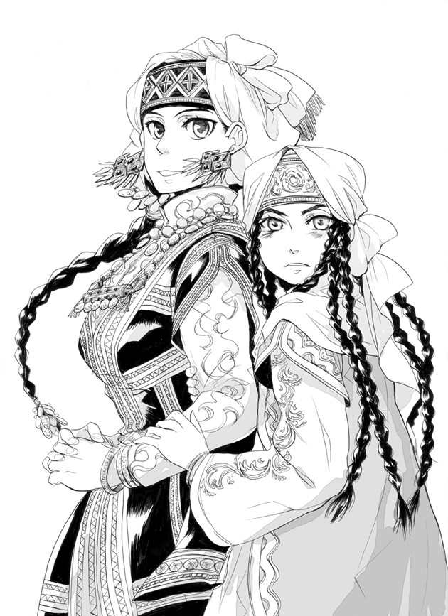 2girls, amira, arm_grab, arm_holding, bad_id, blush, bracelet, braid