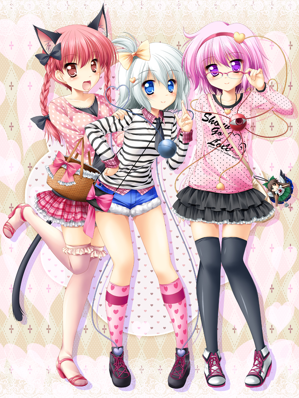 3girls, :d, adjusting_glasses, alternate_costume, alternate_hairstyle, animal_ears, bag, basket