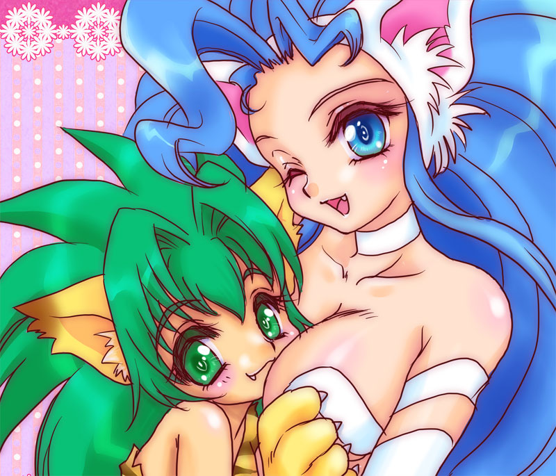 2girls, animal_ears, bare_shoulders, big_hair, blue_eyes, blue_hair, blush, breast_grab, breasts, capcom, cat_ears, cham_cham, choker, crossover, fang, felicia, female, gloves, grabbing, green_eyes, green_hair, hug, kisaragi_miyuki, large_breasts, long_hair, multiple_girls, open_mouth, paw_gloves, paws, pink_background, polka_dot, polka_dot_background, samurai_spirits, snk, spiky_hair, vampire_(game), yuri