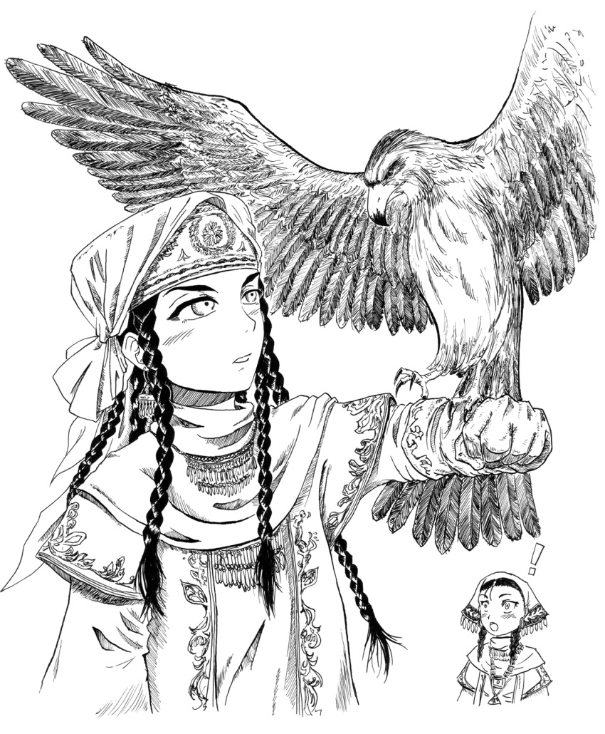 !, 2girls, animal, bird, blush, braid, ginga_(real_luck_zero), gloves