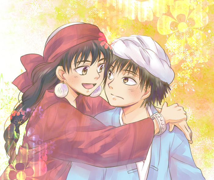 1boy, 1girl, black_hair, bracelet, braid, brown_eyes, brown_hair, earrings