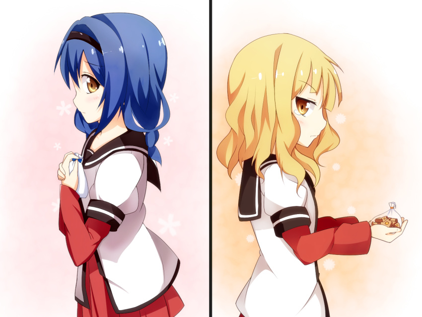 2girls, acchii_(akina), akina873, back-to-back, bag, blonde_hair, blue_hair, brown_eyes