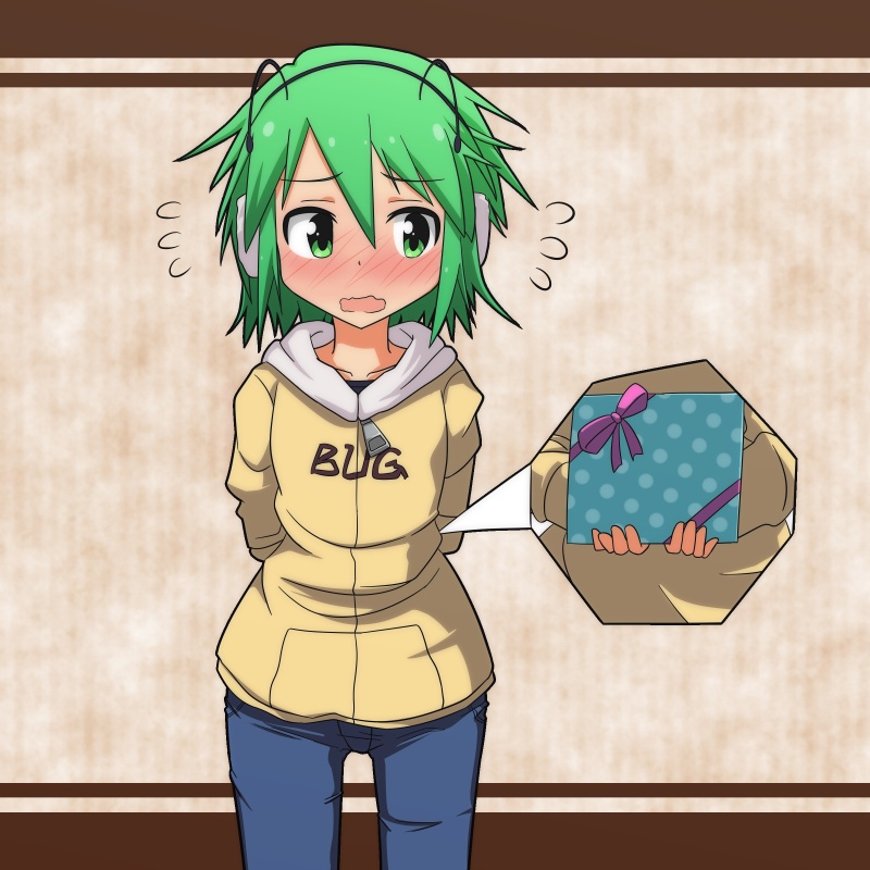 1girl, alternate_costume, antennae, arms_behind_back, blush, box, cato_(monocatienus), clothes_writing