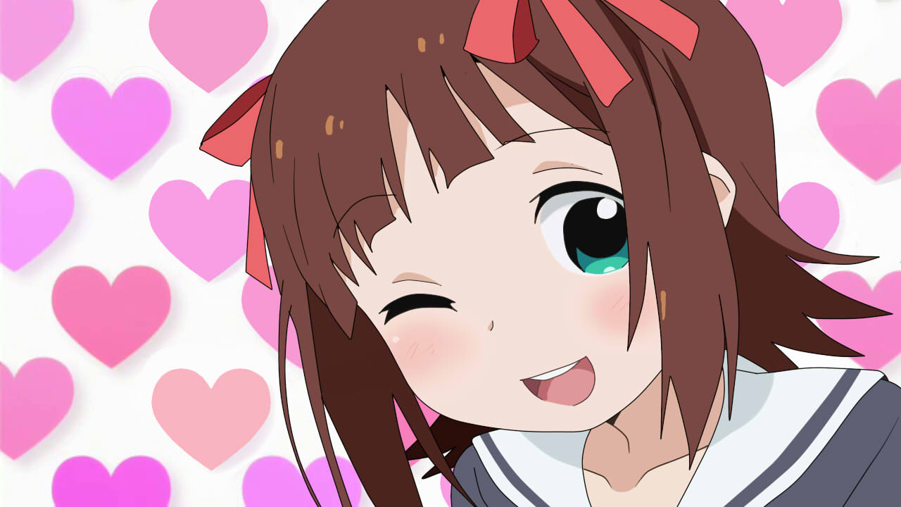 1girl, ;d, amami_haruka, blush, brown_hair, green_eyes, hair_ribbon, heart