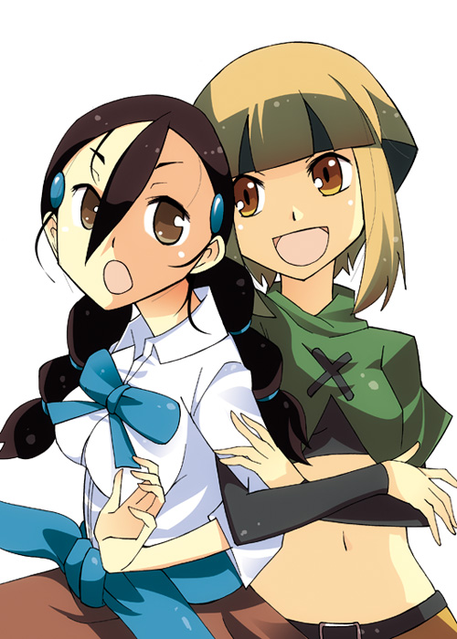 00s, 2girls, black_hair, brown_eyes, gym_leader, locked_arms, matsumoto_waka, midriff