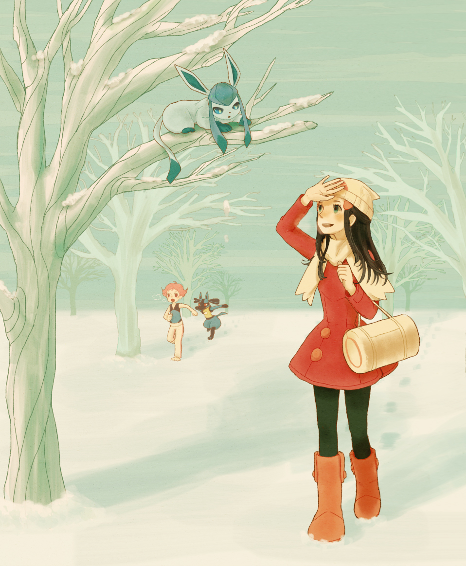 00s, 2girls, bag, barefoot, beanie, black_hair, black_legwear, boots