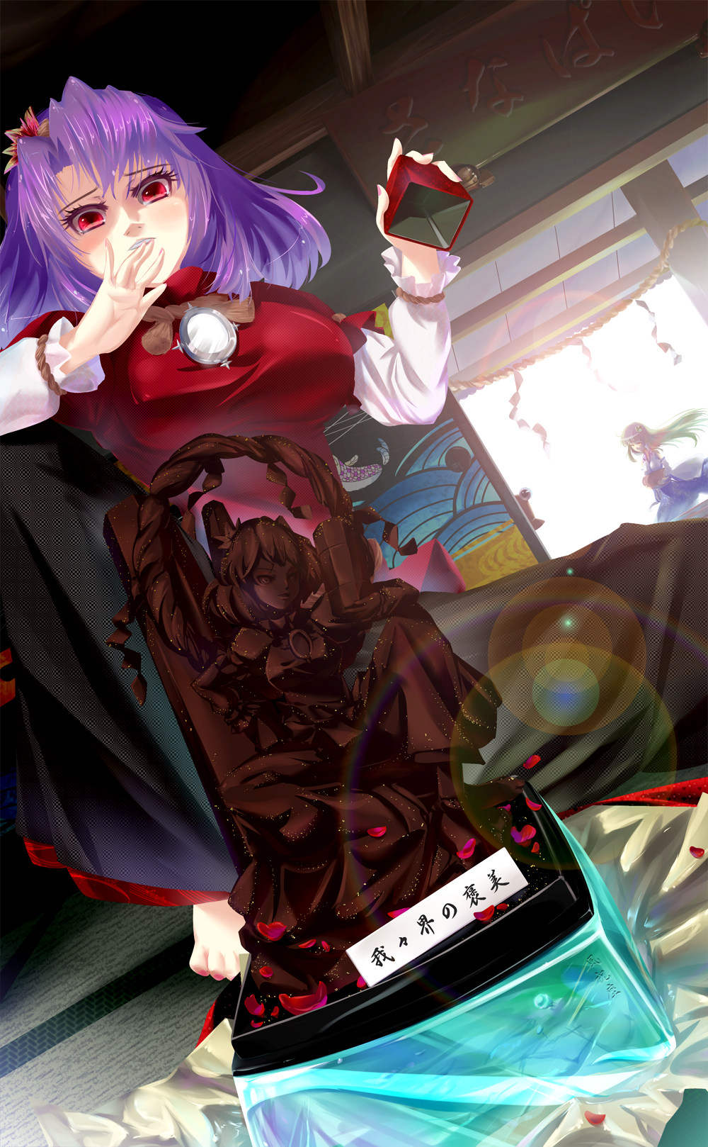 2girls, barefoot, breasts, character_doll, chocolate, dress, dutch_angle, female
