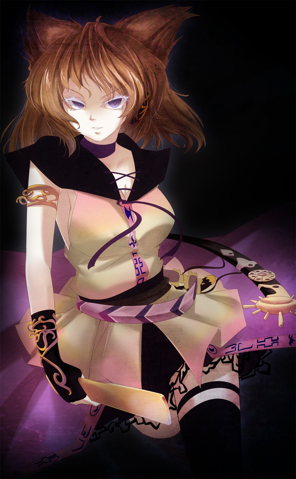 1girl, armlet, bare_shoulders, belt, black_legwear, breasts, brown_hair, choker