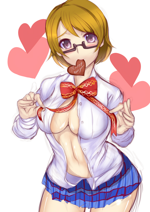 1girl, bad_id, breasts, brown_hair, chocolate, chocolate_heart, cleavage, food