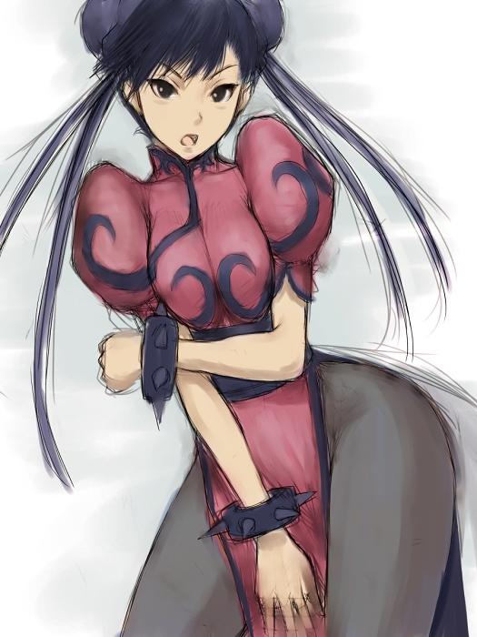 arcana_heart, black_eyes, black_hair, bracelet, breasts, bun_cover, bun_covers, capcom, china_dress, chinadress, chinese_clothes, chun-li, chun-li_(cosplay), cosplay, double_bun, humio, jewelry, mei-fang, pantyhose, solo, spiked_bracelet, spikes, street_fighter, street_fighter_ii, thighs