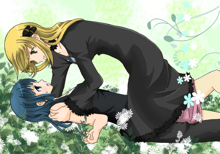 2girls, age_difference, blonde_hair, blue_eyes, blue_hair, breasts, choker, eye_contact, female, flower, hair_ornament, hikari_(pokemon), kamekonamea, long_hair, looking_at_another, lowres, lying, multiple_girls, nintendo, on_back, open_mouth, pokemon, shirona_(pokemon), skirt, smile, straddling, yellow_eyes, yuri