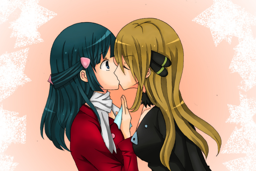 2girls, age_difference, blonde_hair, blue_eyes, blue_hair, choker, closed_eyes, hair_ornament