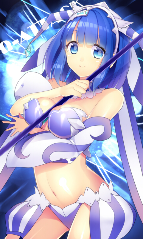 1girl, ao_no_lupica, ao_no_rupika, bare_shoulders, beatmania, beatmania_iidx, between_breasts, blue_eyes, blue_hair, breasts, hitohira_(shiroringo48), navel, short_hair, smile, solo