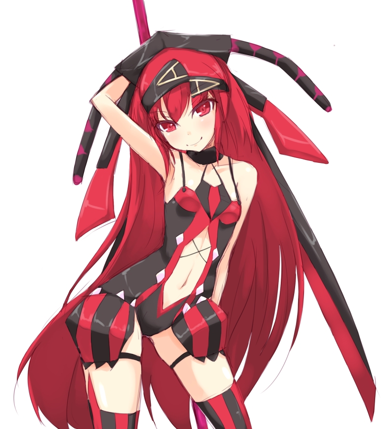 1girl, aka_no_ripika, arm_up, armpits, bare_shoulders, beatmania, beatmania_iidx, colored_eyelashes, contrapposto, hair_ornament, hairband, kuro_(be_ok), long_hair, looking_at_viewer, minitesu, navel, red_eyes, redhead, skindentation, smile, solo, standing, striped, striped_legwear, thigh-highs, thigh_strap, vertical-striped_legwear, vertical_stripes, very_long_hair, white_background