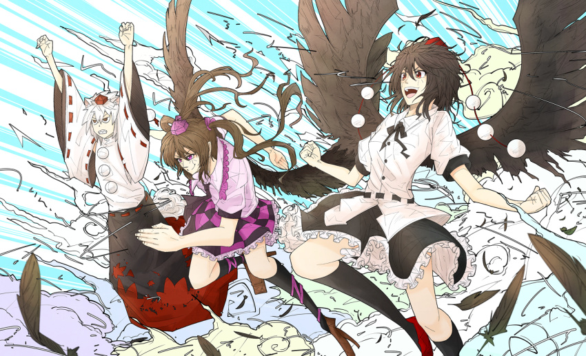 action, animal_ears, black_hair, blue_eyes, brown_hair, detached_sleeves, explosion, feathers