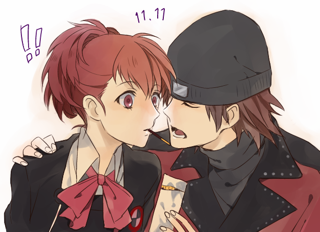 1boy, 1girl, aragaki_shinjirou, atlus, beanie, bow, brown_hair, closed_eyes