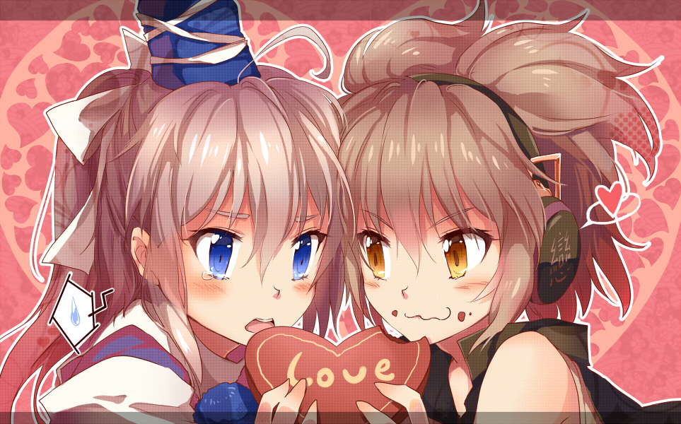 2girls, blue_eyes, blush, brown_eyes, brown_hair, chocolate, chocolate_heart, earmuffs