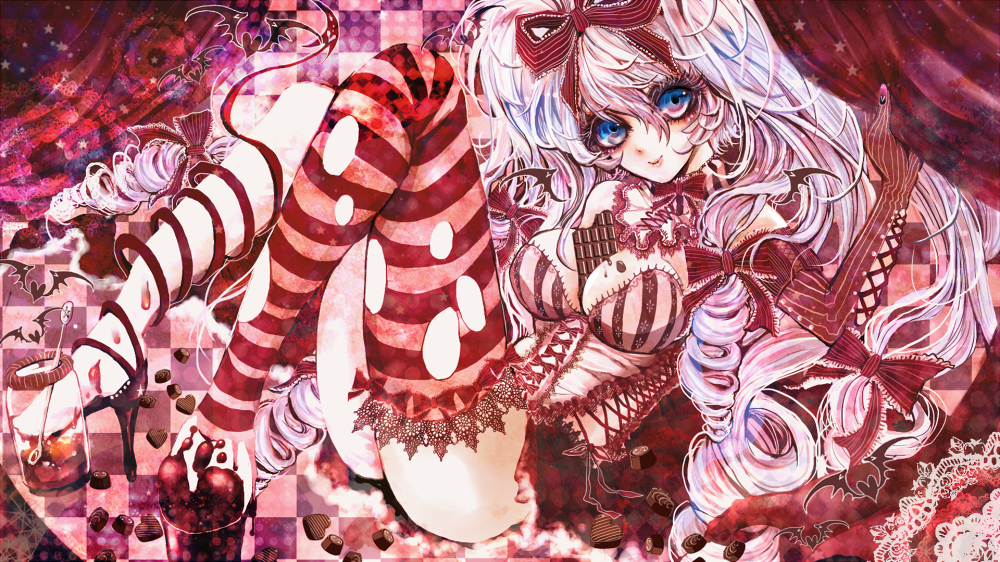 1girl, between_breasts, blue_eyes, blue_hair, checkered, checkered_background, chocolate, corset